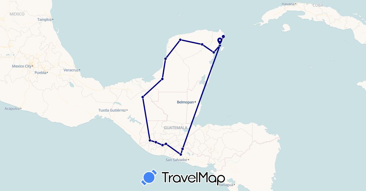 TravelMap itinerary: driving in Guatemala, Mexico, El Salvador (North America)