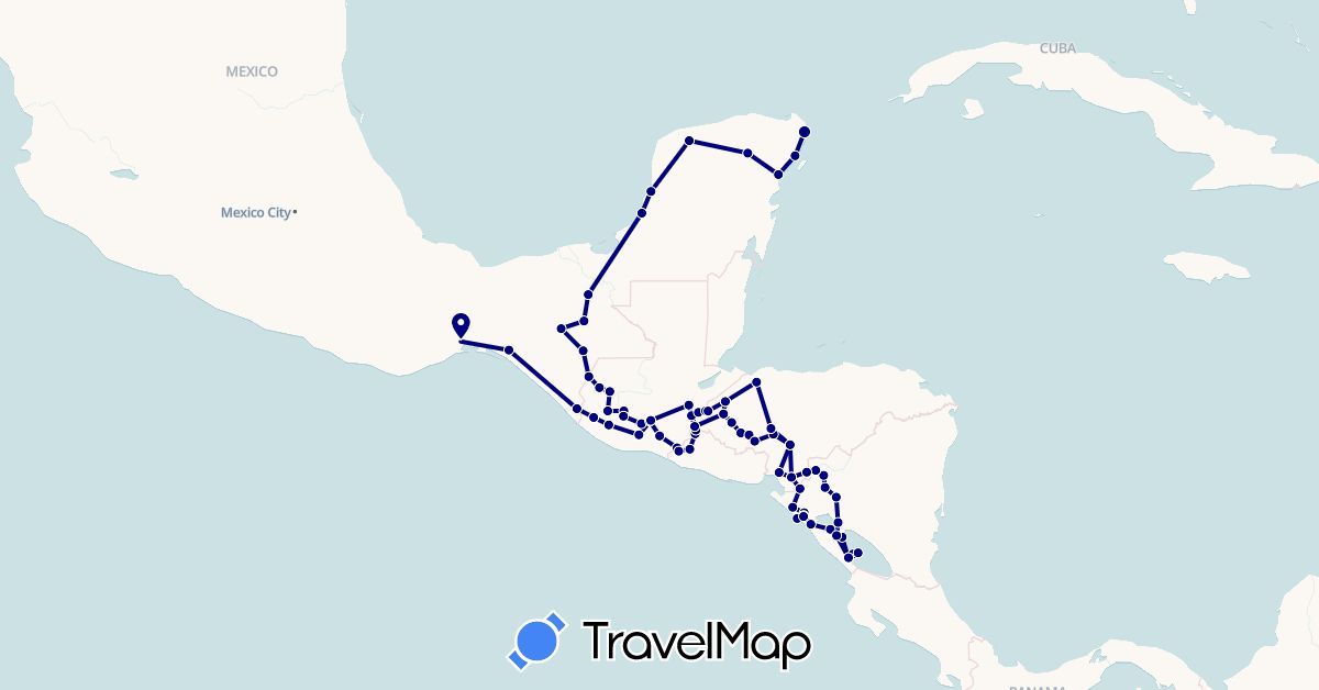 TravelMap itinerary: driving in Guatemala, Honduras, Mexico, Nicaragua, El Salvador (North America)